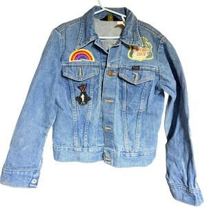 Vintage Wrangler Kids Denim Jacket Blue Patches Rainbow Canada Dry Made in USA